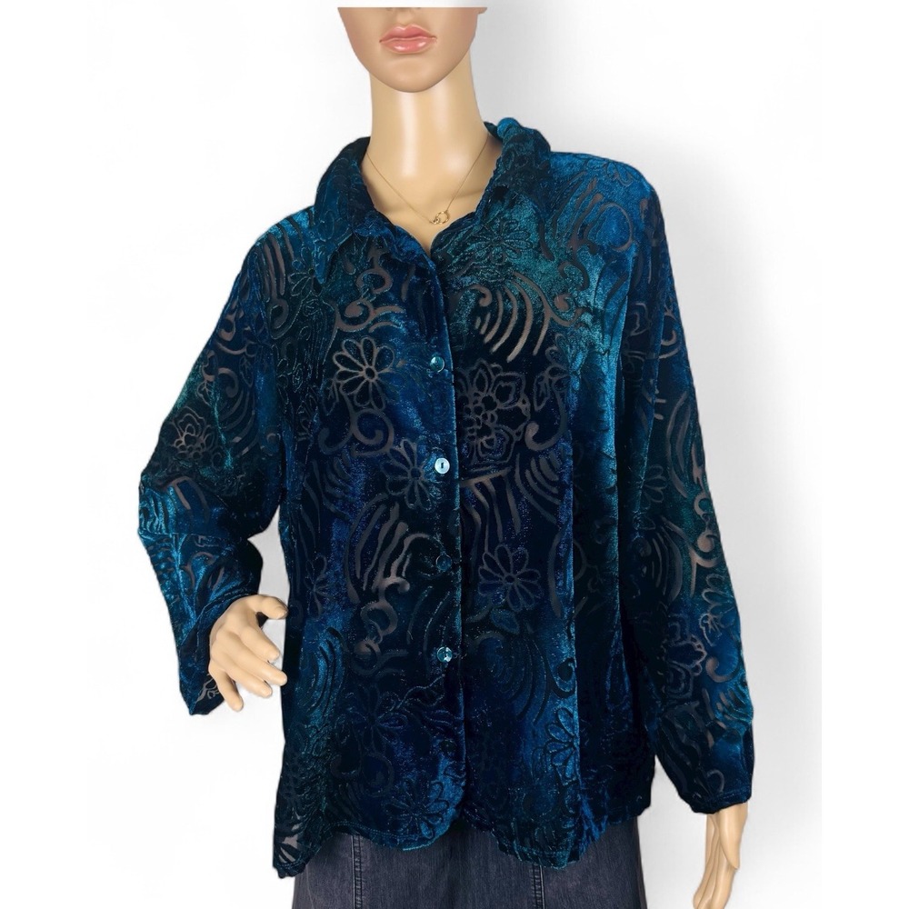 Beverly Drive Top‎ Womens 18W Turquoise Velvet Burnout Floral Artsy Art to Wear